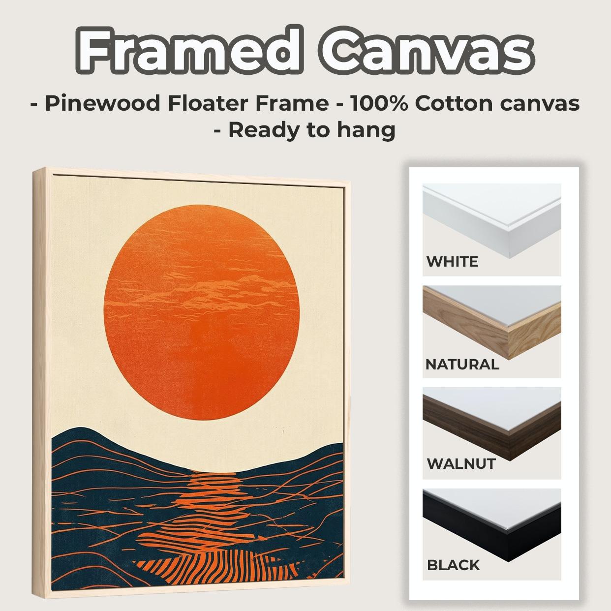 Mid Century Modern Sun Wall Art, Framed Bauhaus Canvas Print, Abstract Wave Geometric Poster Minimalist Living Room Deco