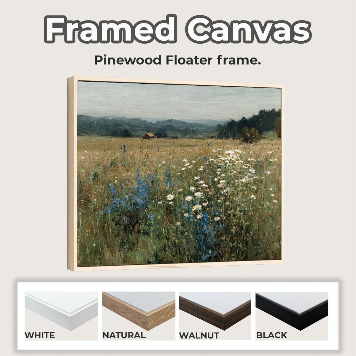 Vintage Wildflower Meadow Framed Canvas Print Art, Botanical Floral Large Wall Decor, Modern Home Rustic Panoramic Lands