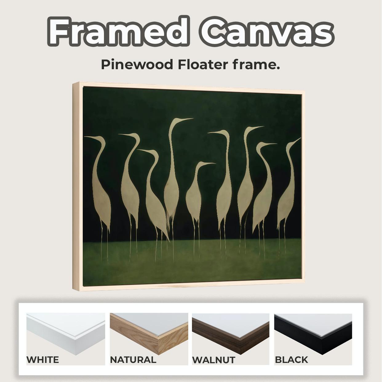 Graceful White Heron Birds Silhouette - Framed Canvas Wall Art Print, Minimalist Nature Decor for Living Room, Coastal B
