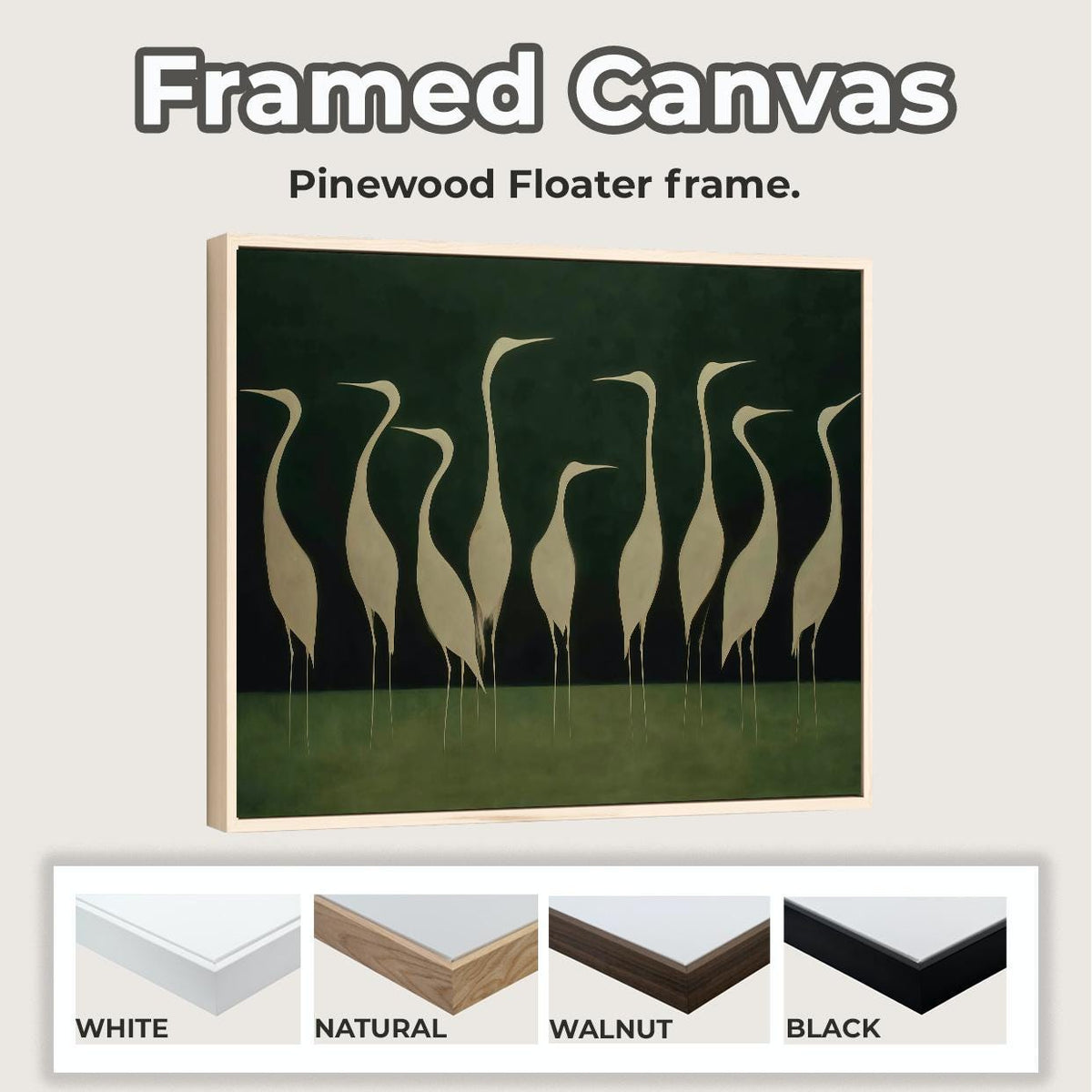 Graceful White Heron Birds Silhouette - Framed Canvas Wall Art Print, Minimalist Nature Decor for Living Room, Coastal B