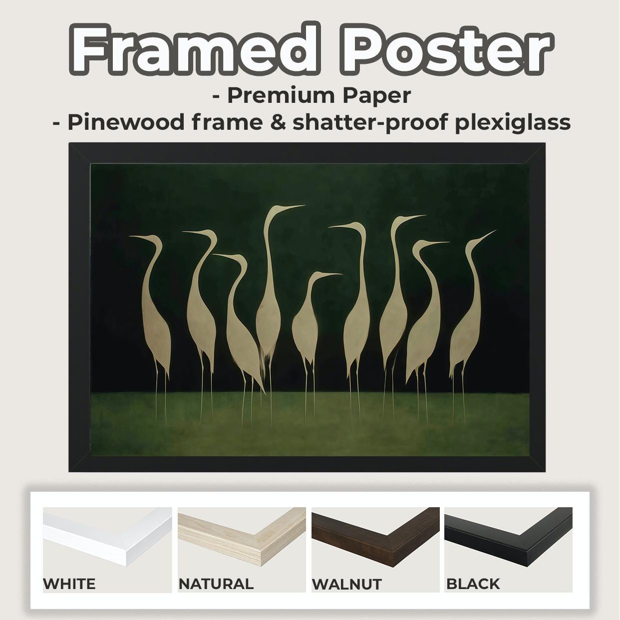 Graceful White Heron Birds Silhouette - Framed Canvas Wall Art Print, Minimalist Nature Decor for Living Room, Coastal B