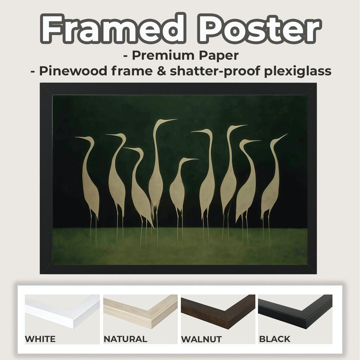 Graceful White Heron Birds Silhouette - Framed Canvas Wall Art Print, Minimalist Nature Decor for Living Room, Coastal B