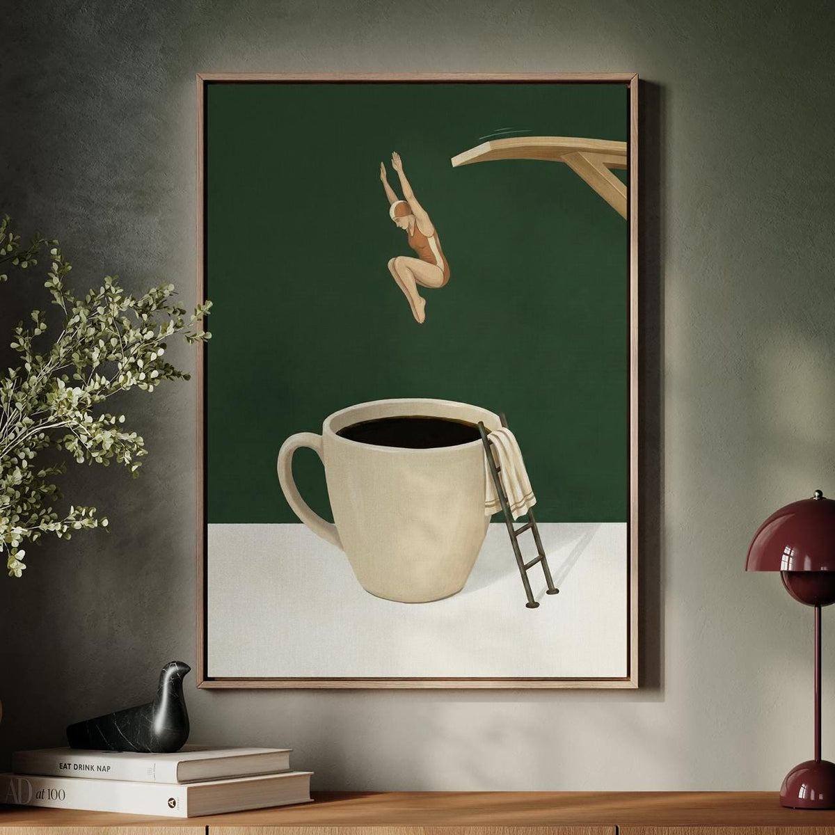 Funny Coffee Diver Wall Art, Cute Coffee Shop Poster, Kitchen Coffee Themed Decor, Bar Cart Coffee Print, ART237