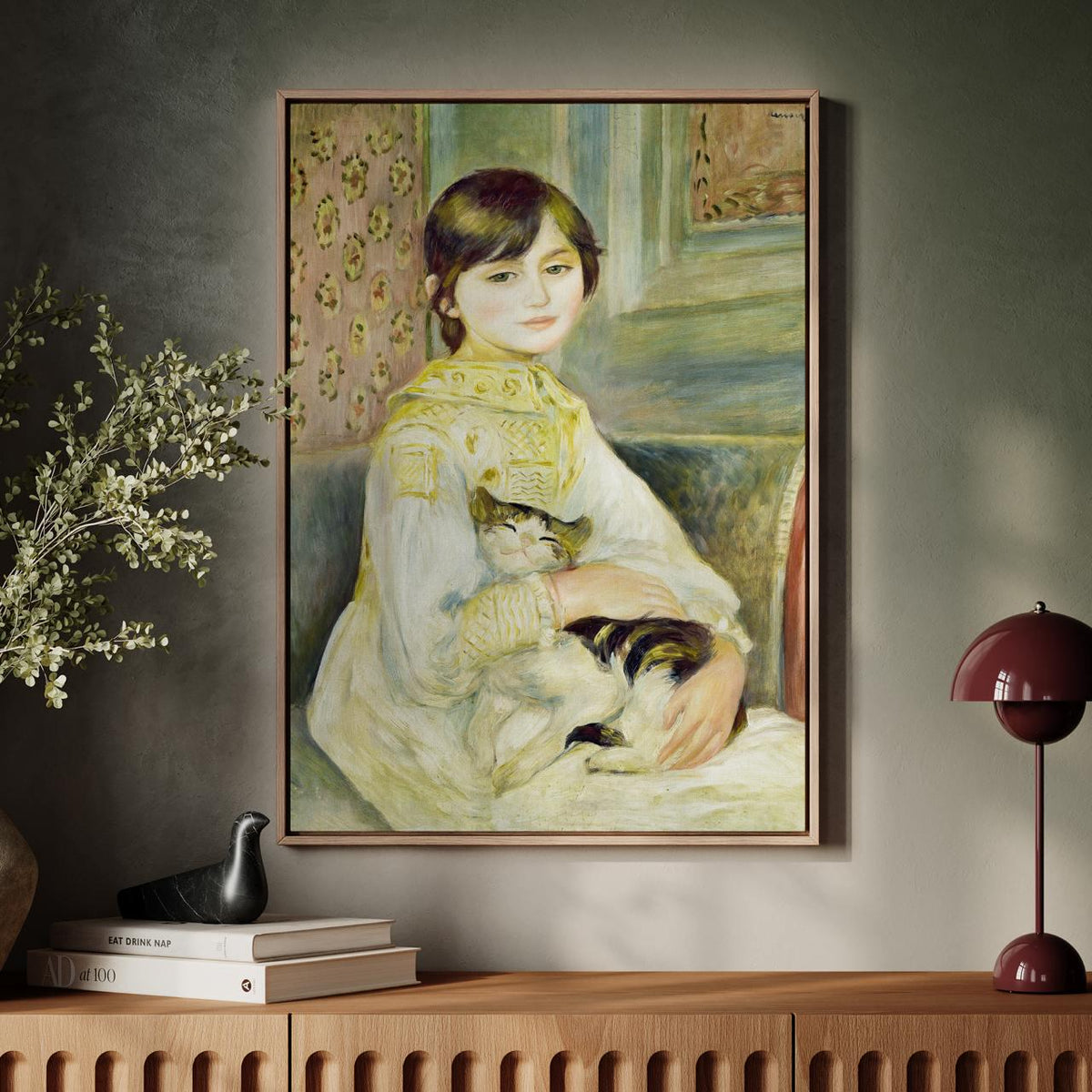 Pierre-Auguste Renoir, Julie Manet with Cat (1887) - Impressionist Child Portrait, Elegant Interior Scene, Decorative Wa
