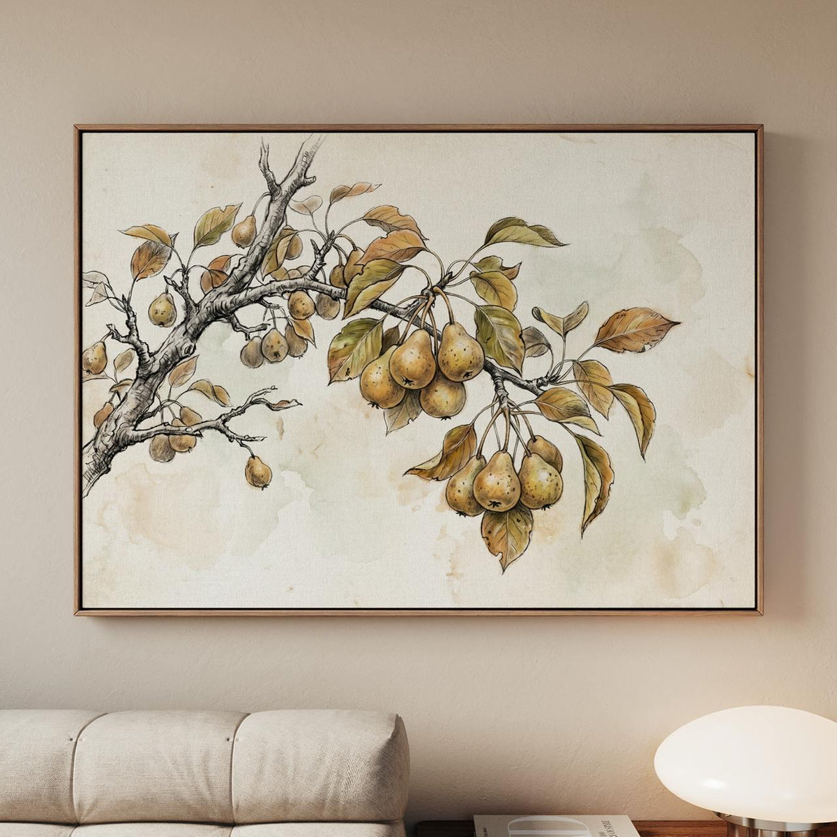 Framed Canvas Vintage Pear Tree Art Print, Neutral Nature Sketch Wall Art for Kitchen and Living Room, ART280
