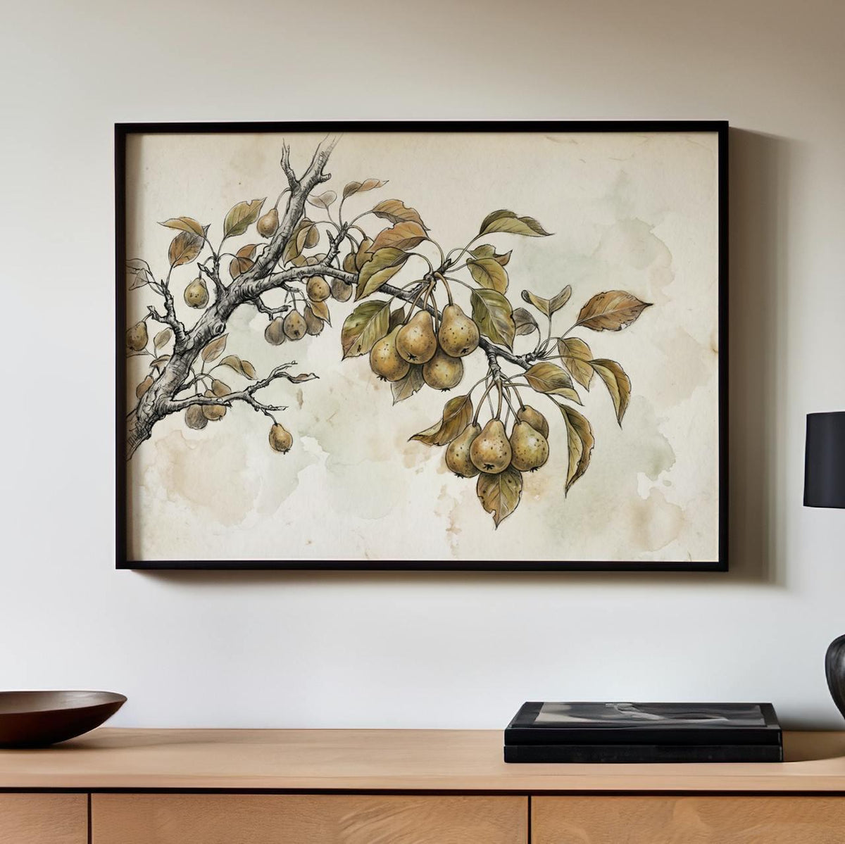 Framed Canvas Vintage Pear Tree Art Print, Neutral Nature Sketch Wall Art for Kitchen and Living Room, ART280