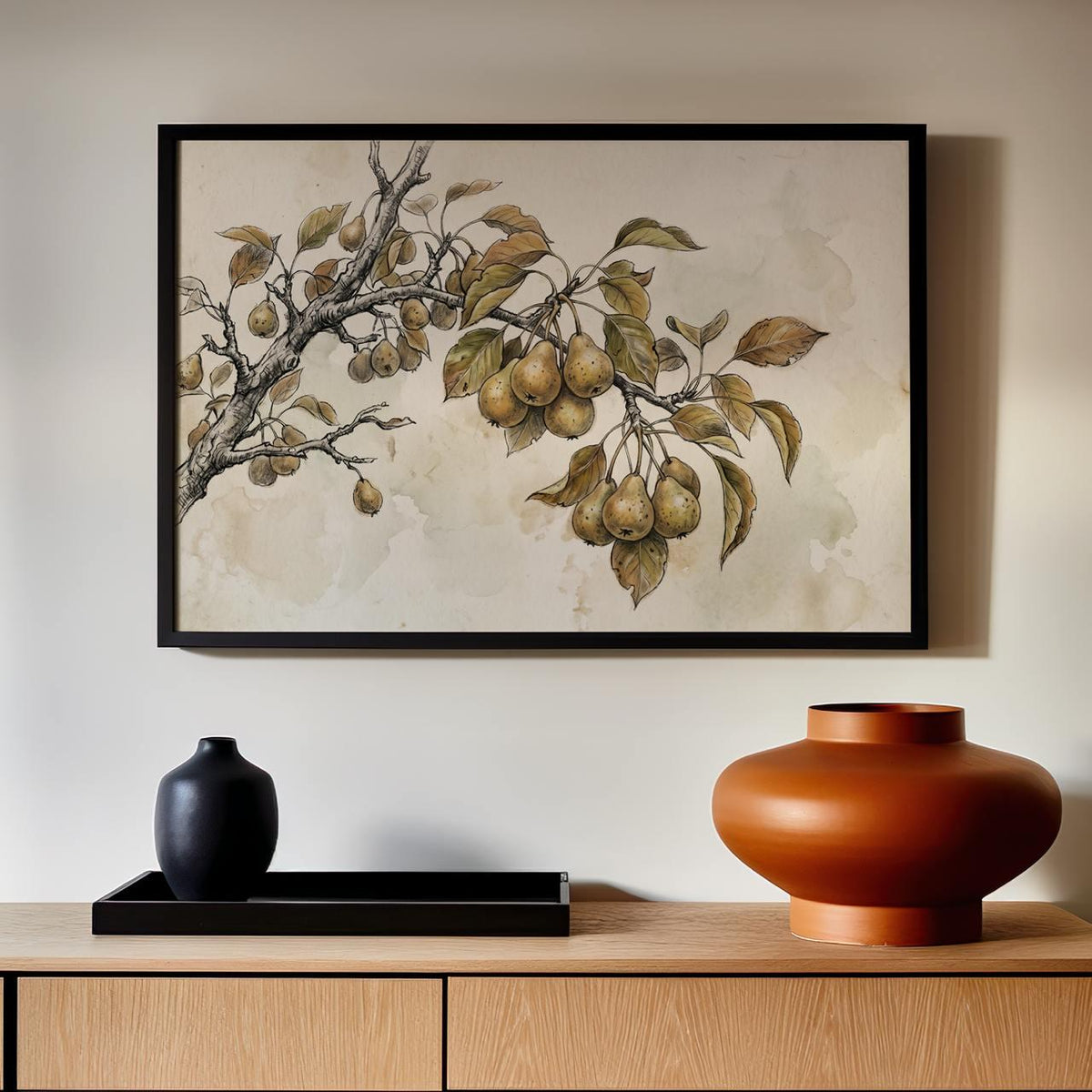 Framed Canvas Vintage Pear Tree Art Print, Neutral Nature Sketch Wall Art for Kitchen and Living Room, ART280
