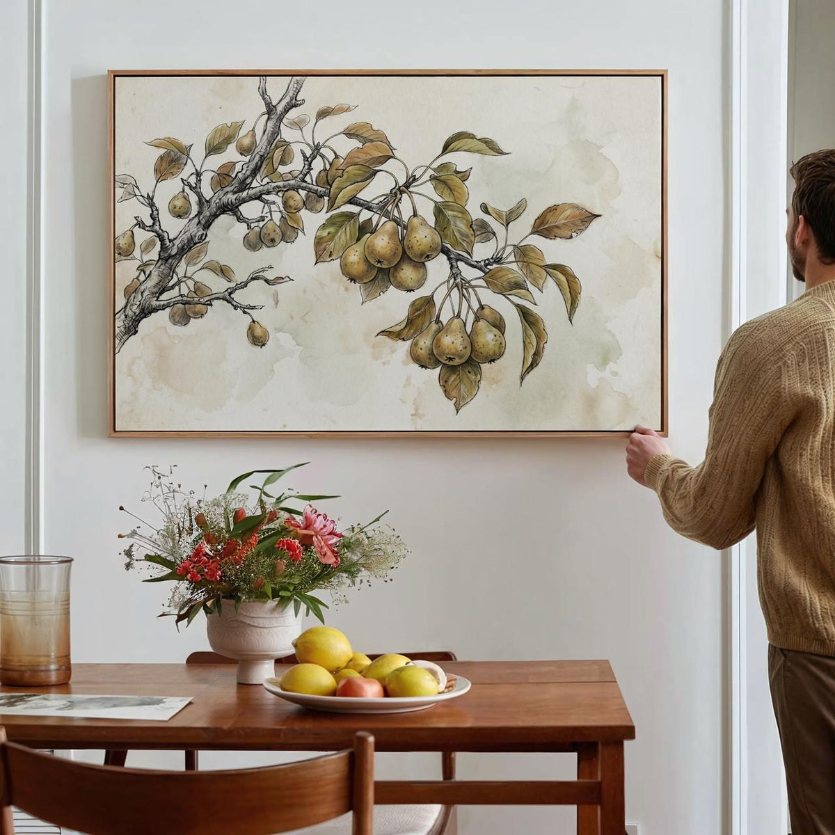 Framed Canvas Vintage Pear Tree Art Print, Neutral Nature Sketch Wall Art for Kitchen and Living Room, ART280