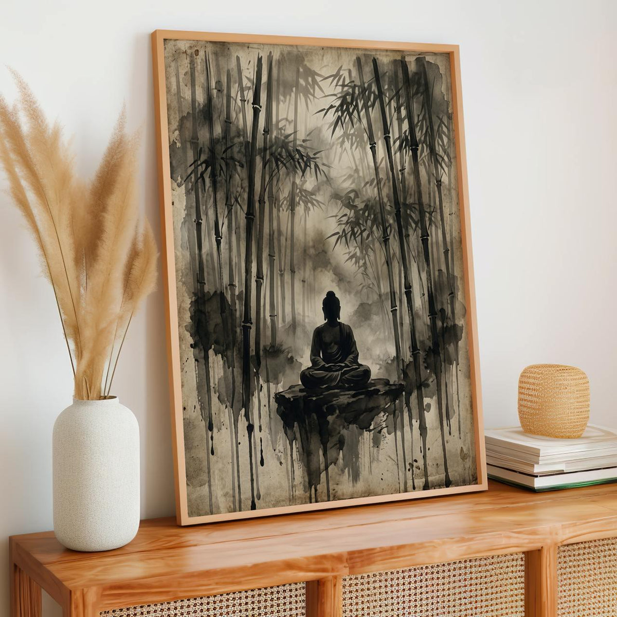 Vintage Buddha Meditation Poster, Solitude Zen Wall Art, Bodhi Tree Spiritual Canvas Print, ART290