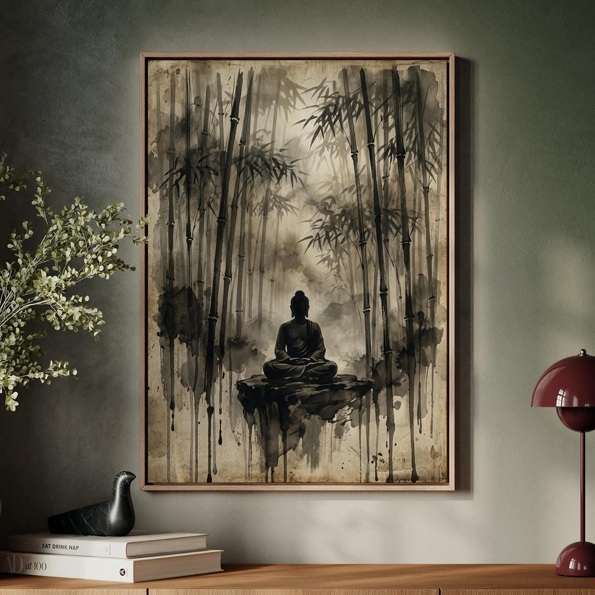 Vintage Buddha Meditation Poster, Solitude Zen Wall Art, Bodhi Tree Spiritual Canvas Print, ART290