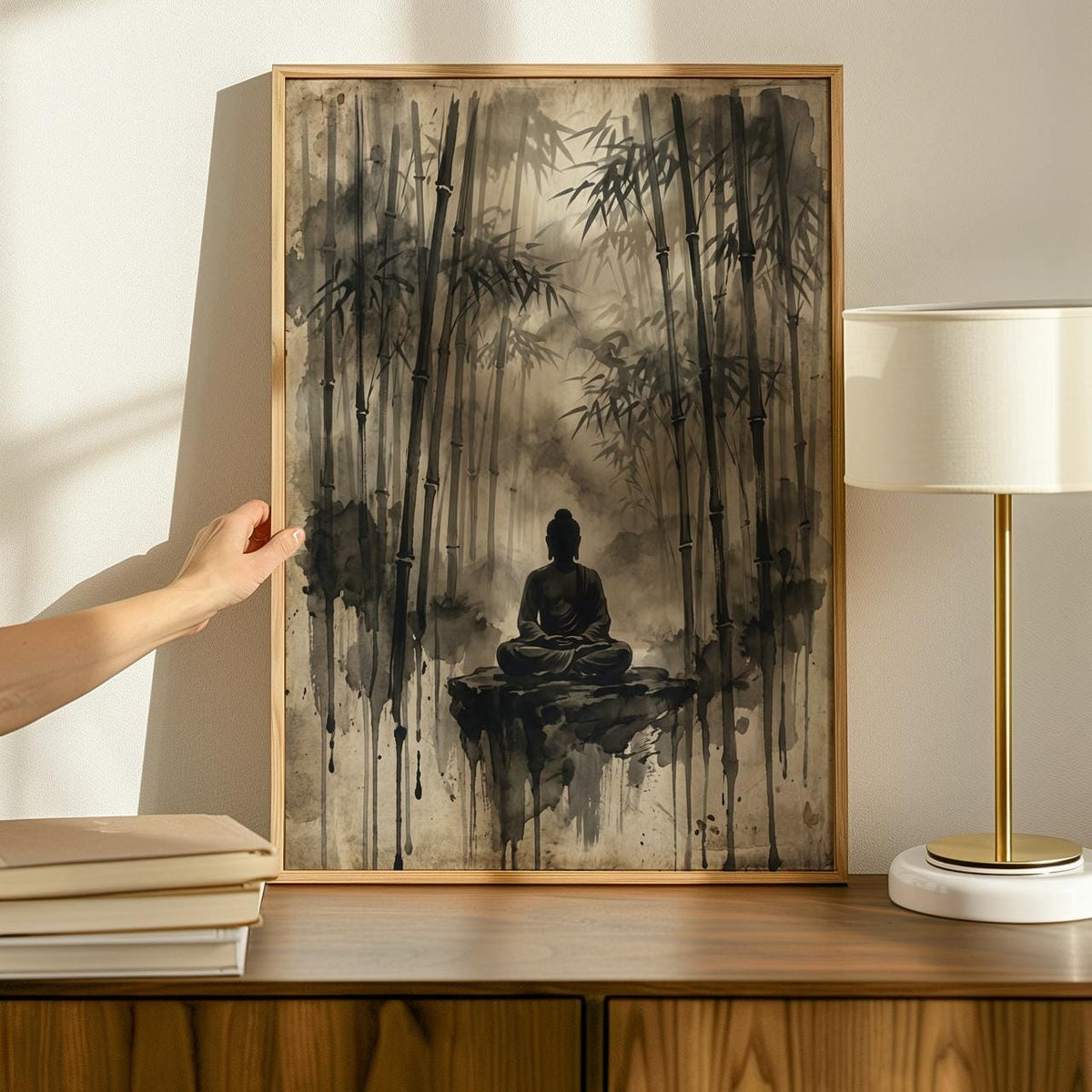 Vintage Buddha Meditation Poster, Solitude Zen Wall Art, Bodhi Tree Spiritual Canvas Print, ART290