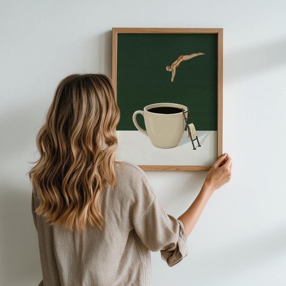 Whimsical Coffee Diver Art Print, Humorous Coffee Enthusiast Gift, Coffee Lover Kitchen Decor Poster, ART237