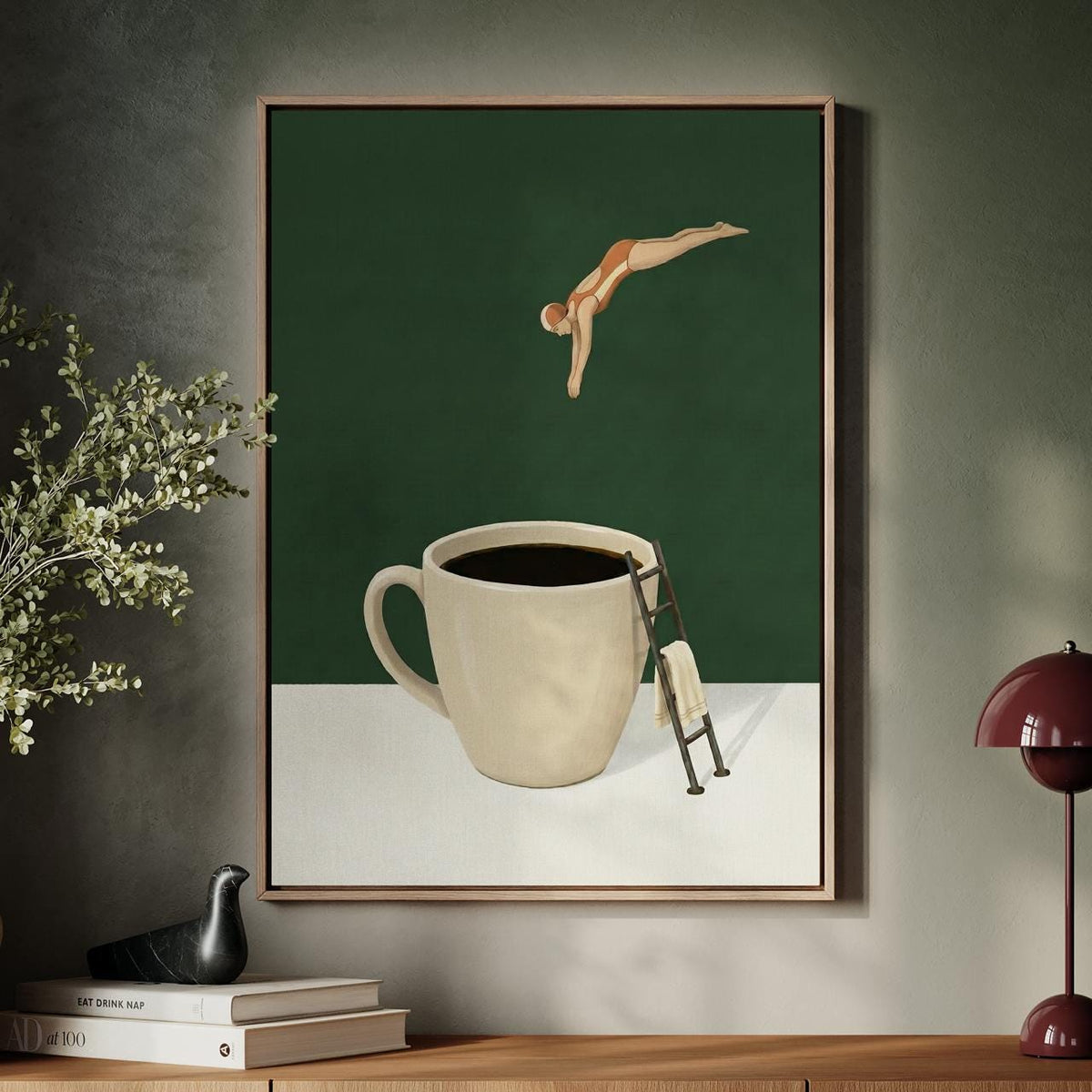 Whimsical Coffee Diver Art Print, Humorous Coffee Enthusiast Gift, Coffee Lover Kitchen Decor Poster, ART237