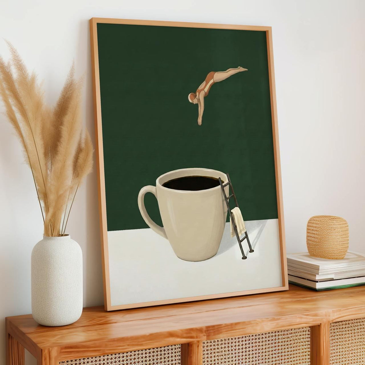 Whimsical Coffee Diver Art Print, Humorous Coffee Enthusiast Gift, Coffee Lover Kitchen Decor Poster, ART237