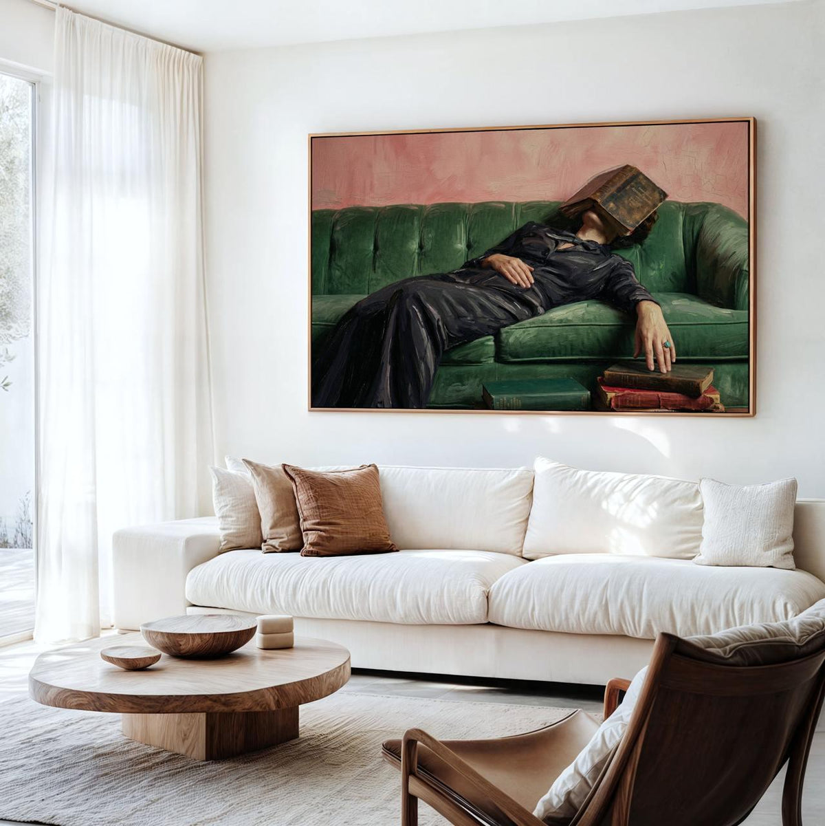 Cozy Woman Reading Couch Art, Vintage Inspired Oil Style, Quirky Home Decor, Maximalist Lounge Gift, ART262