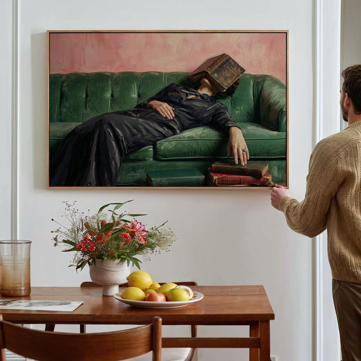 Cozy Woman Reading Couch Art, Vintage Inspired Oil Style, Quirky Home Decor, Maximalist Lounge Gift, ART262