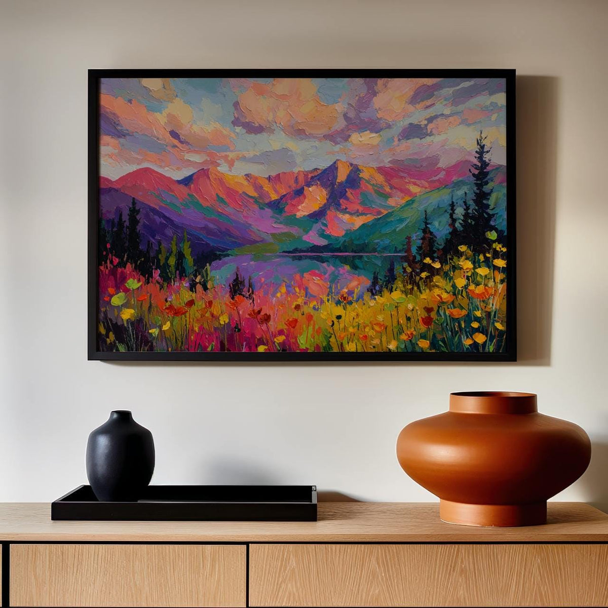 Rocky Mountains Wildflower Field Print, Abstract Mountain Canvas, Impressionist Floral Wall Art, ART294