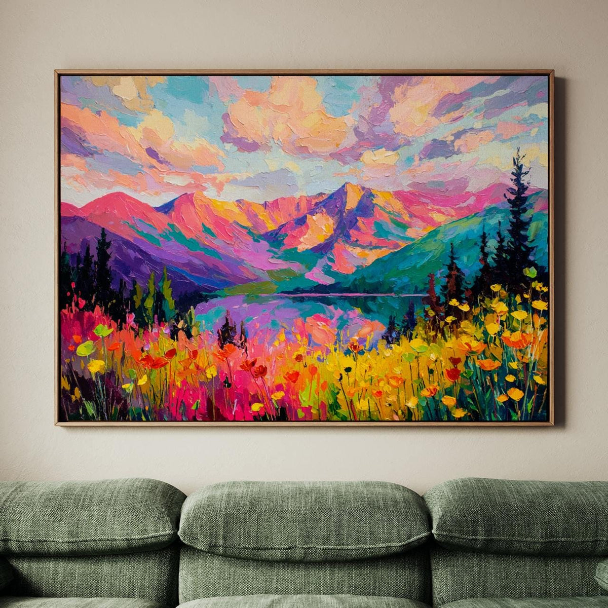 Rocky Mountains Wildflower Field Print, Abstract Mountain Canvas, Impressionist Floral Wall Art, ART294