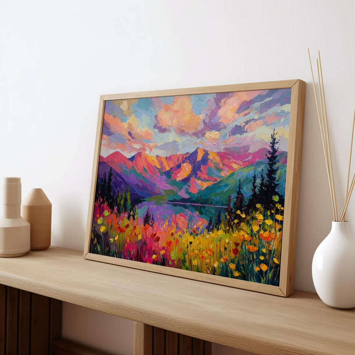 Rocky Mountains Wildflower Field Print, Abstract Mountain Canvas, Impressionist Floral Wall Art, ART294