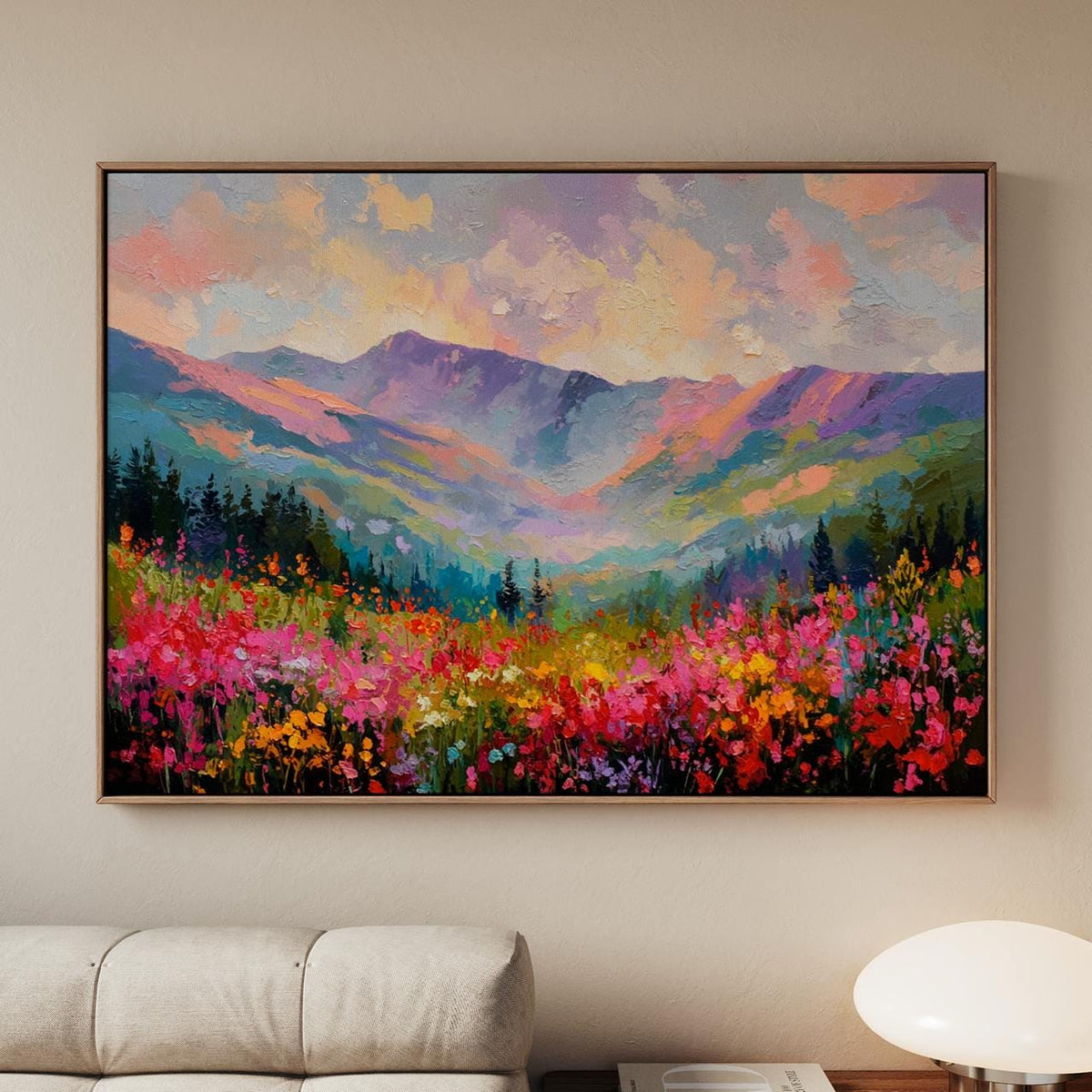 Wildflower Field and Mountain Canvas Print, Pastel Abstract Rocky Mountains, Floral Landscape Art, ART294