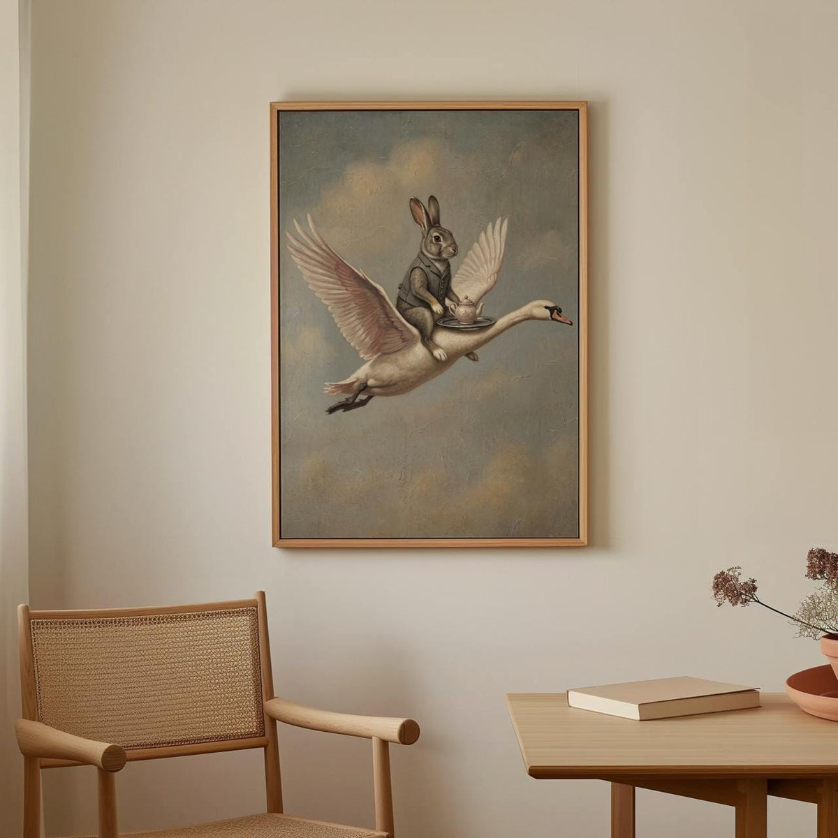 Whimsical Rabbit on Swan Print, Vintage-Style Animal Painting, Surreal Home Decor, ART32