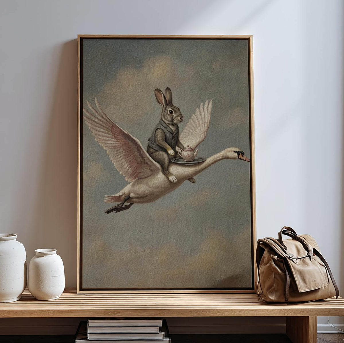 Whimsical Rabbit on Swan Print, Vintage-Style Animal Painting, Surreal Home Decor, ART32