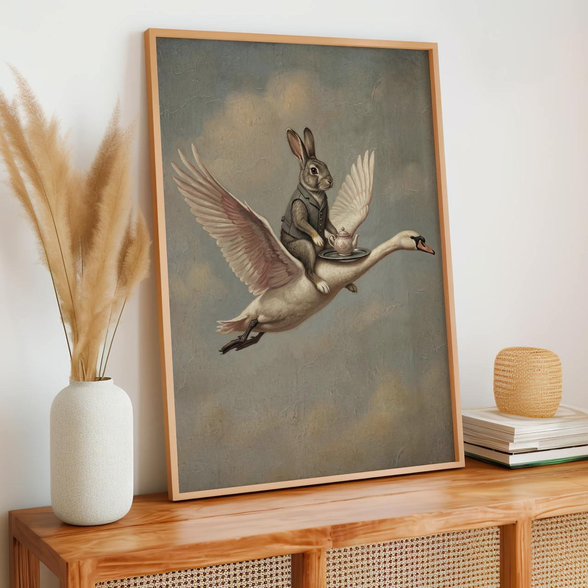 Whimsical Rabbit on Swan Print, Vintage-Style Animal Painting, Surreal Home Decor, ART32