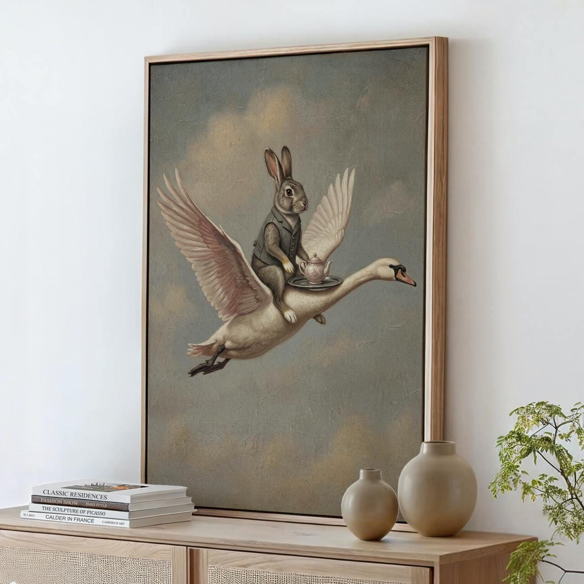Whimsical Rabbit on Swan Print, Vintage-Style Animal Painting, Surreal Home Decor, ART32