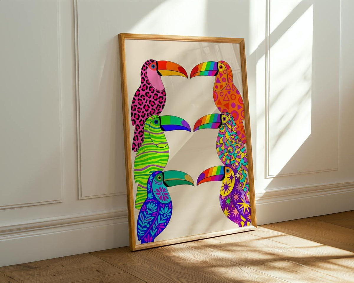 Dopamine Toucan Wall Art, Framed Colorful Canvas Print, Vibrant Abstract Toucan Painting, Playful Tropical Decor, ART314