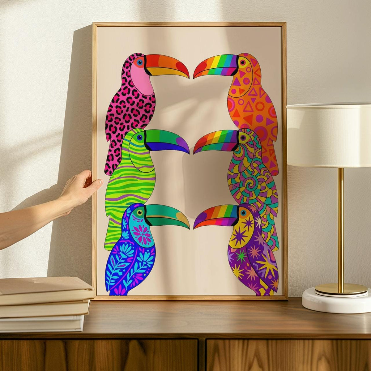 Dopamine Toucan Wall Art, Framed Colorful Canvas Print, Vibrant Abstract Toucan Painting, Playful Tropical Decor, ART314