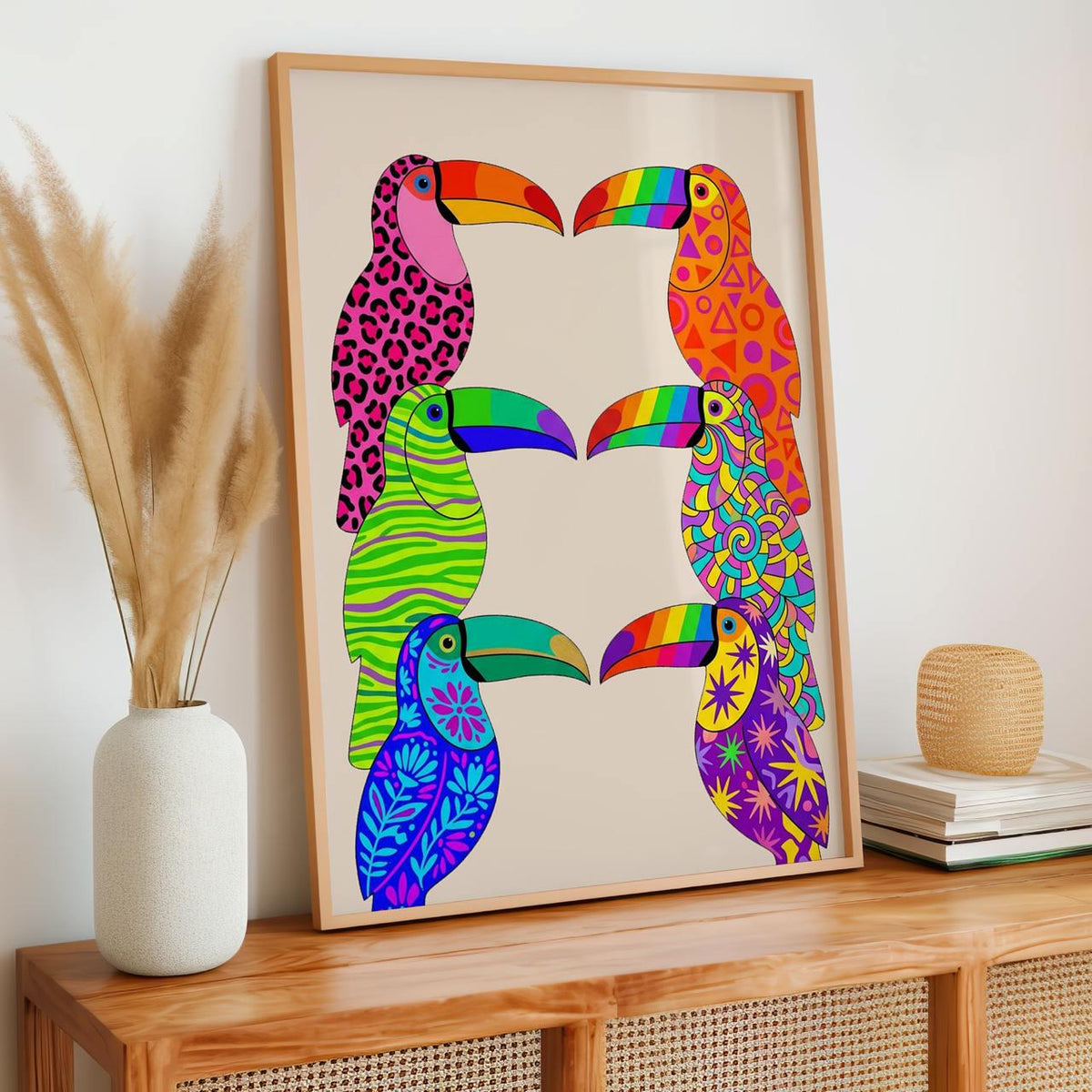 Dopamine Toucan Wall Art, Framed Colorful Canvas Print, Vibrant Abstract Toucan Painting, Playful Tropical Decor, ART314