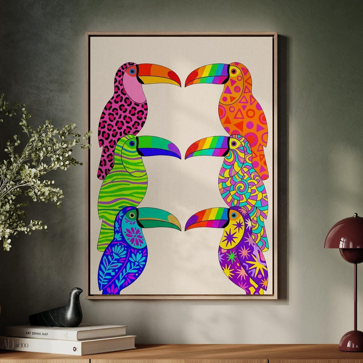 Dopamine Toucan Wall Art, Framed Colorful Canvas Print, Vibrant Abstract Toucan Painting, Playful Tropical Decor, ART314