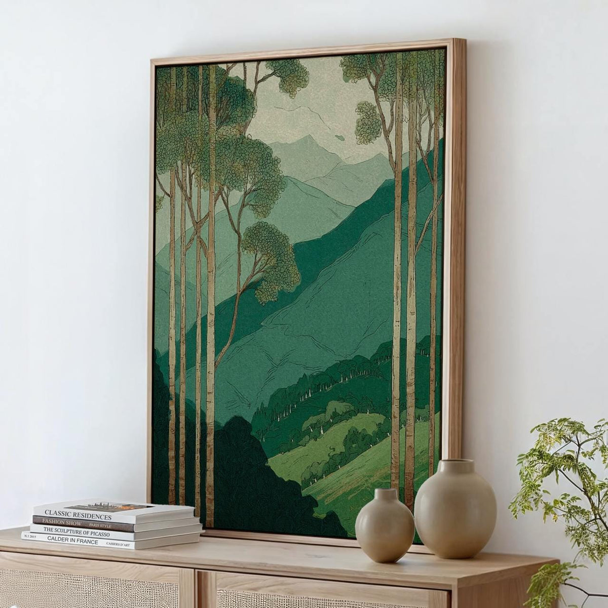 Minimalist Vintage Forest Landscape Print, Mountain Hills Poster with Tall Trees, ART382