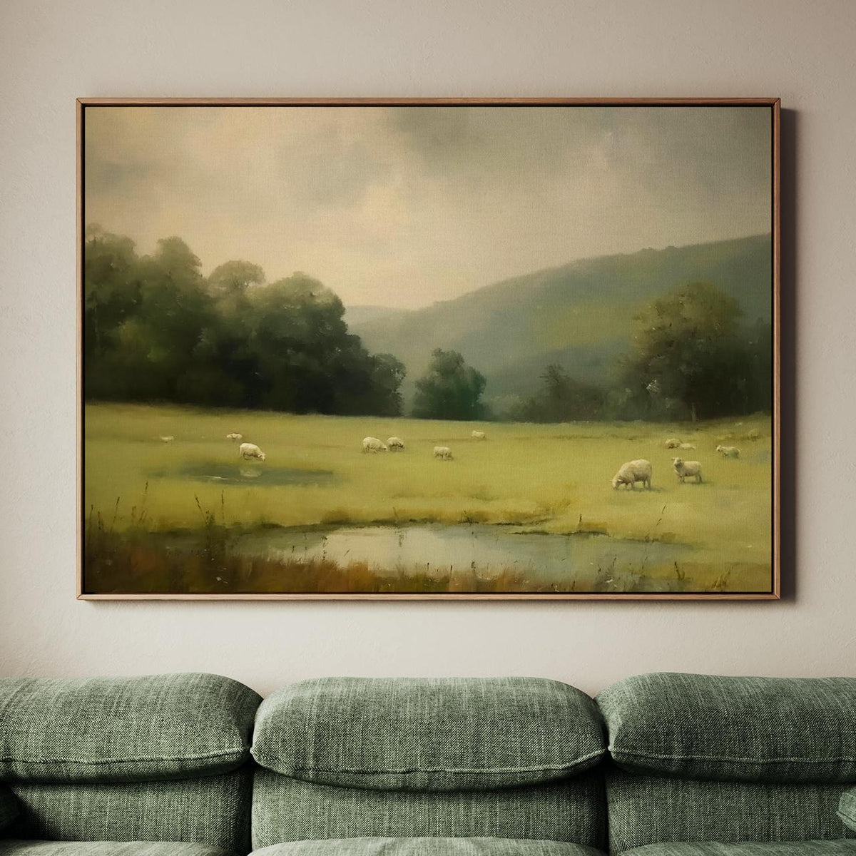 By Still Waters Christian Unframed Art Print, Sheep in Pasture Psalm 23 Inspired Landscape Wall Art, Paper or Canvas, AR