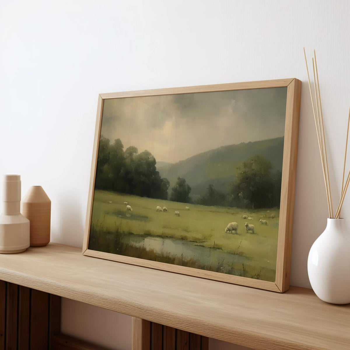 By Still Waters Christian Unframed Art Print, Sheep in Pasture Psalm 23 Inspired Landscape Wall Art, Paper or Canvas, AR