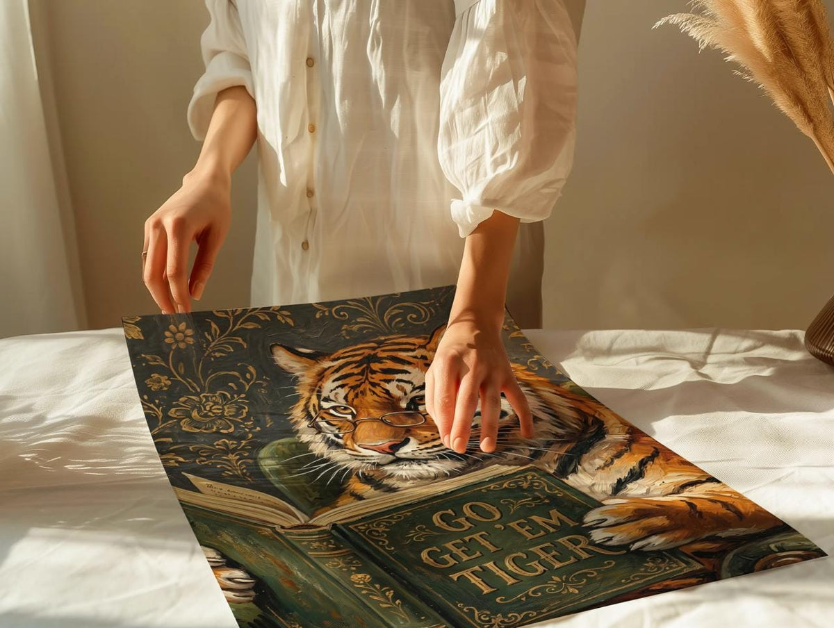 Motivational Tiger Reading Print, Humorous Bookworm Wall Art, Library Office Study Decor, Inspirational Animal Poster, A