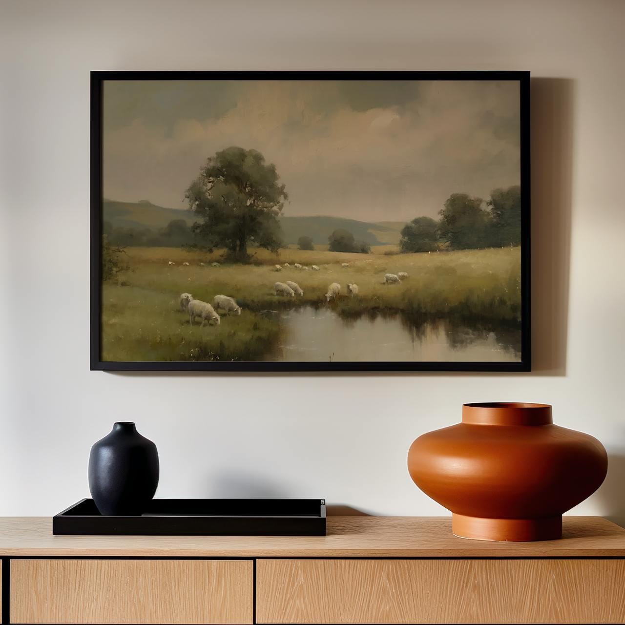 Christian Sheep In Pasture Print, Vintage Psalm 23 Landscape, Unframed Wall Art For Faith Filled Home Decor, ART288
