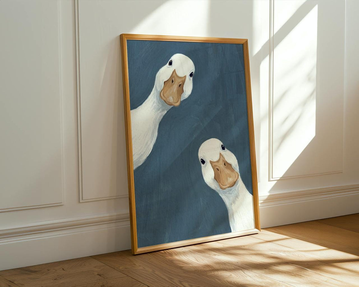 Goose Duo Poster, Minimalist Animal Wall Art, Funny Farmhouse Decor Print in Sage Blue, ART376