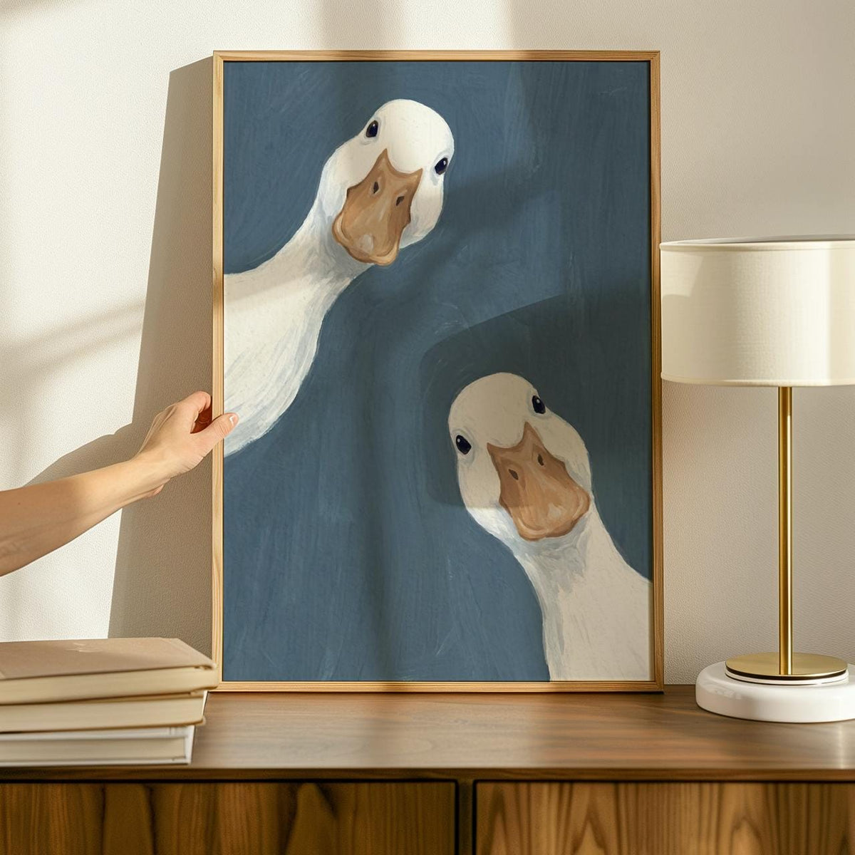 Goose Duo Poster, Minimalist Animal Wall Art, Funny Farmhouse Decor Print in Sage Blue, ART376