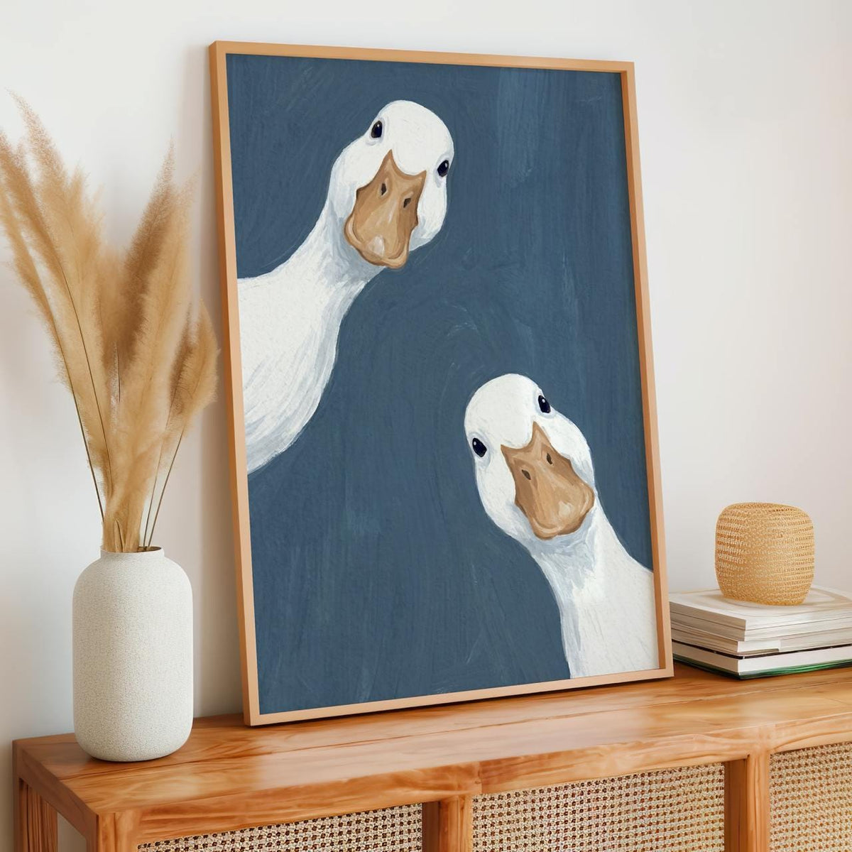 Goose Duo Poster, Minimalist Animal Wall Art, Funny Farmhouse Decor Print in Sage Blue, ART376