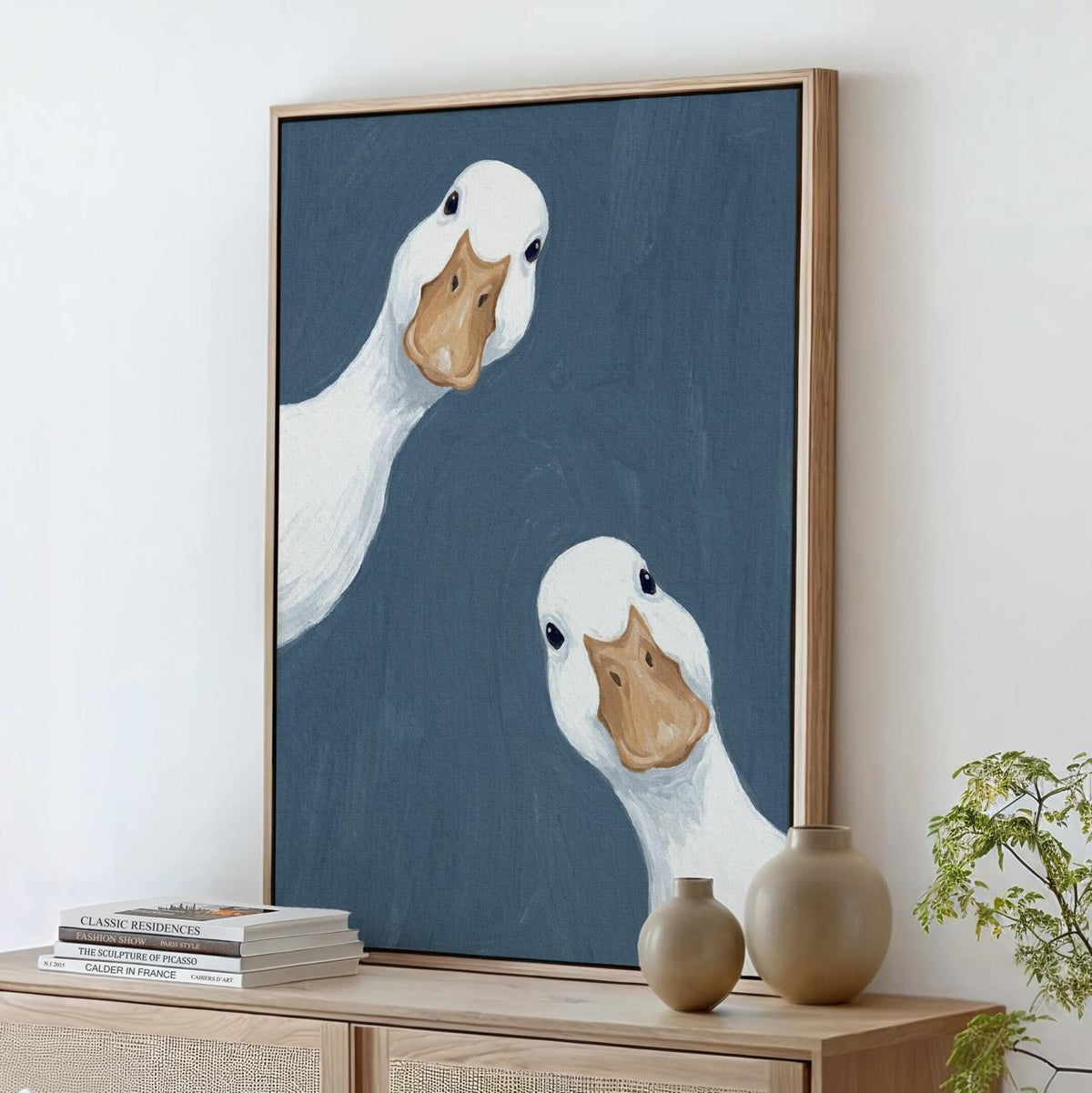Goose Duo Poster, Minimalist Animal Wall Art, Funny Farmhouse Decor Print in Sage Blue, ART376