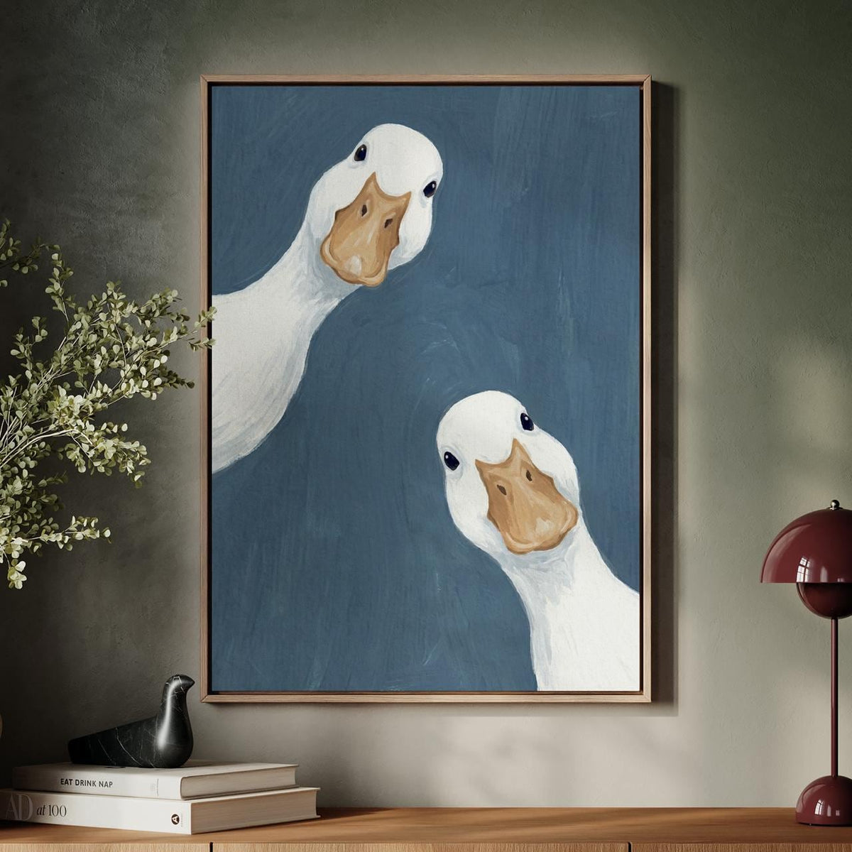 Goose Duo Poster, Minimalist Animal Wall Art, Funny Farmhouse Decor Print in Sage Blue, ART376