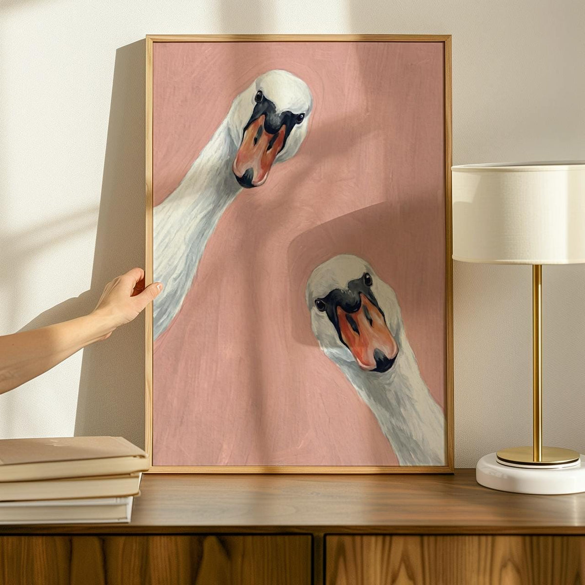 Minimalist Goose Duo Print, Funny Farmhouse Wall Art, Sage Pink Animal Decor, Minimalist Print ART376