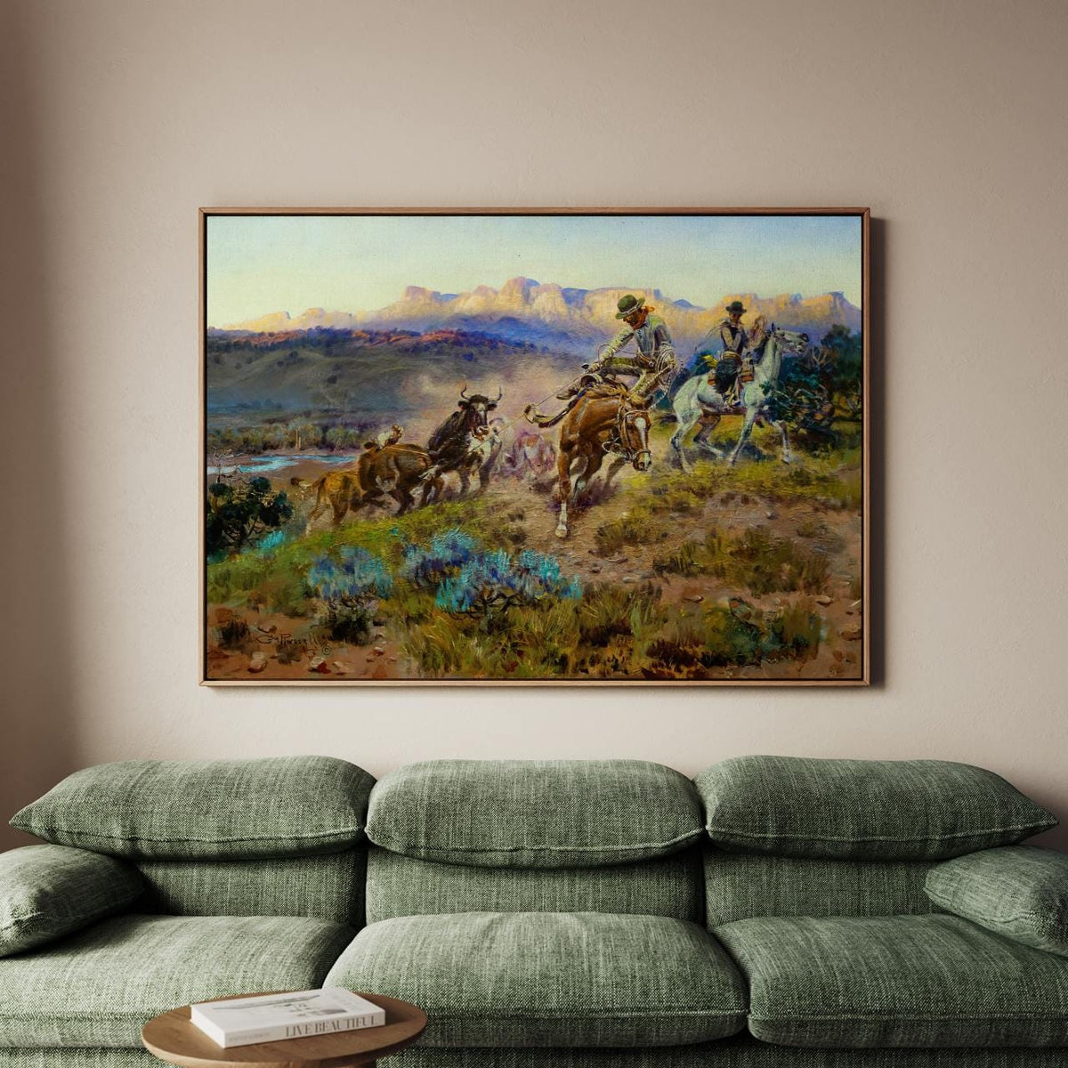 Charles M. Russell, Round-Up on the Musselshell - western wall art, rustic home decor, vintage cowboy print, museum styl