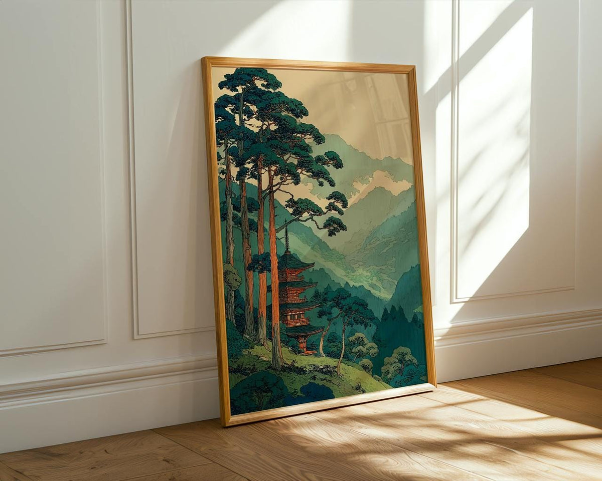 Vintage Japanese Forest Poster, Tranquil Mountain Landscape Wall Art, Retro Tree Print, Serene Minimalist Home Decor, AR