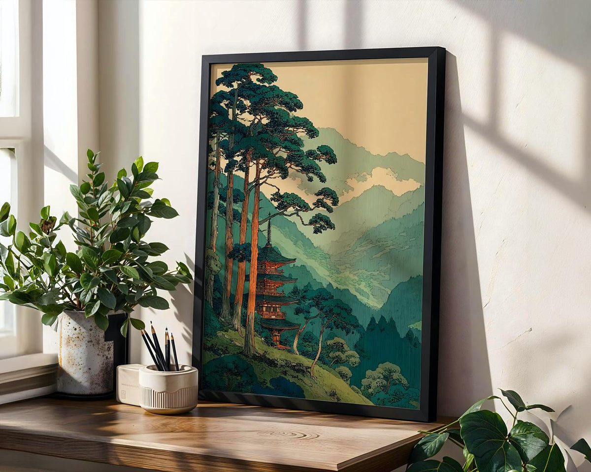 Vintage Japanese Forest Poster, Tranquil Mountain Landscape Wall Art, Retro Tree Print, Serene Minimalist Home Decor, AR