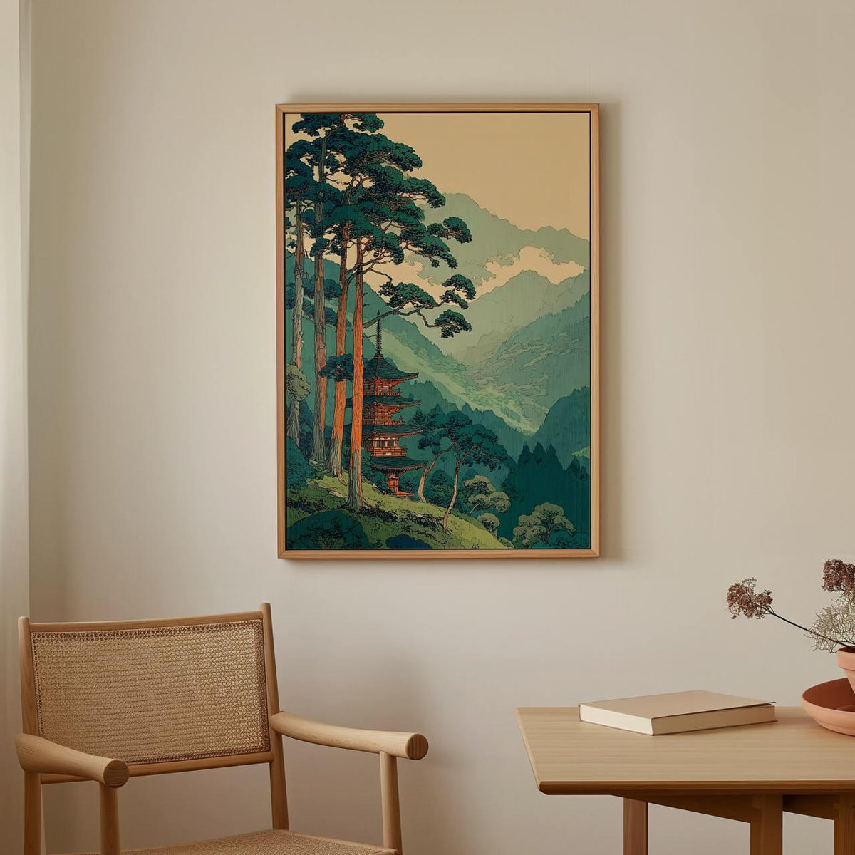 Vintage Japanese Forest Poster, Tranquil Mountain Landscape Wall Art, Retro Tree Print, Serene Minimalist Home Decor, AR