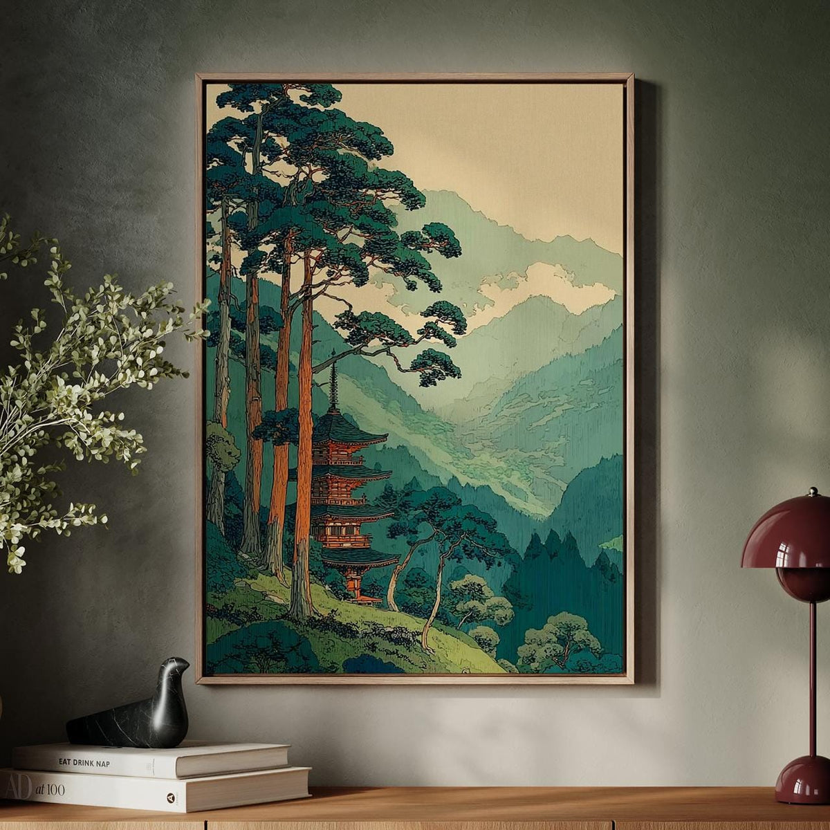 Vintage Japanese Forest Poster, Tranquil Mountain Landscape Wall Art, Retro Tree Print, Serene Minimalist Home Decor, AR