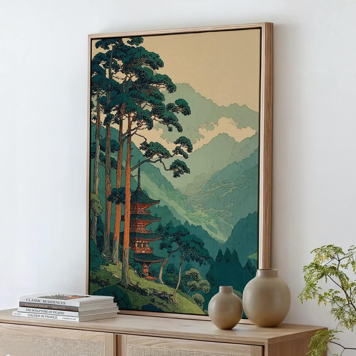 Vintage Japanese Forest Poster, Tranquil Mountain Landscape Wall Art, Retro Tree Print, Serene Minimalist Home Decor, AR