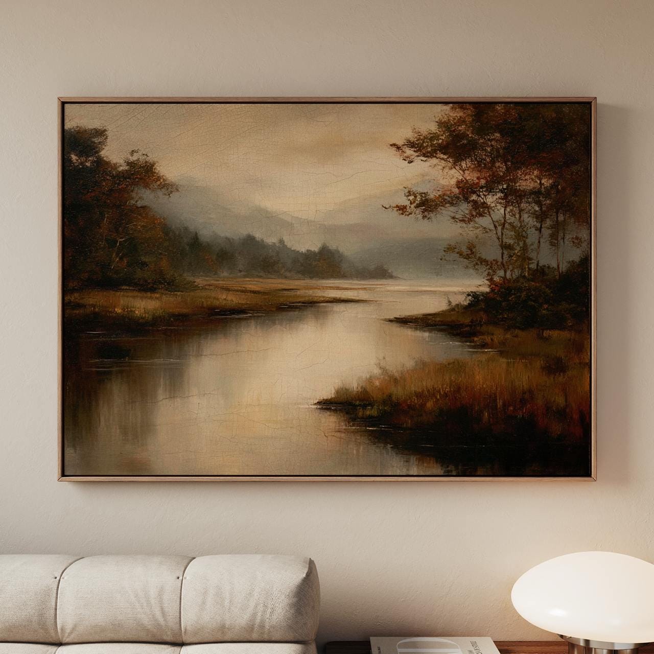 Moody Fall Lake Landscape Print, Vintage Autumn Oil Painting Wall Art, Modern Cottage Fall Decor for Living Room, ART283